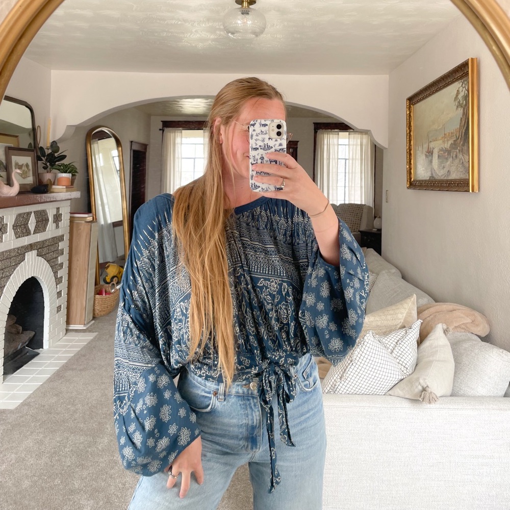 Free People Bohemian Blue Printed Women's Top